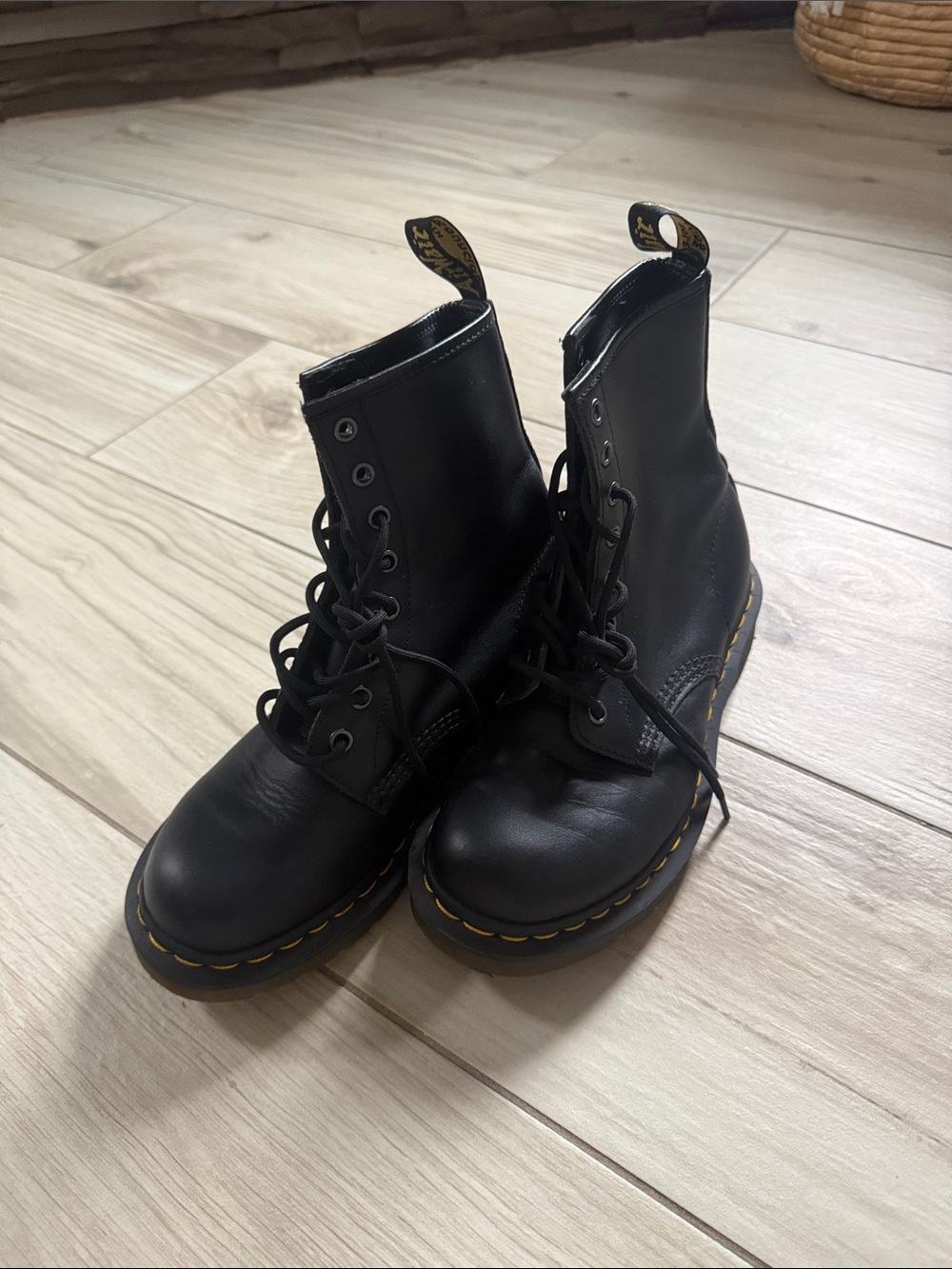 Dr. Martens Black Leather 8-Eye Lace-Up Boots with Yellow Stitching